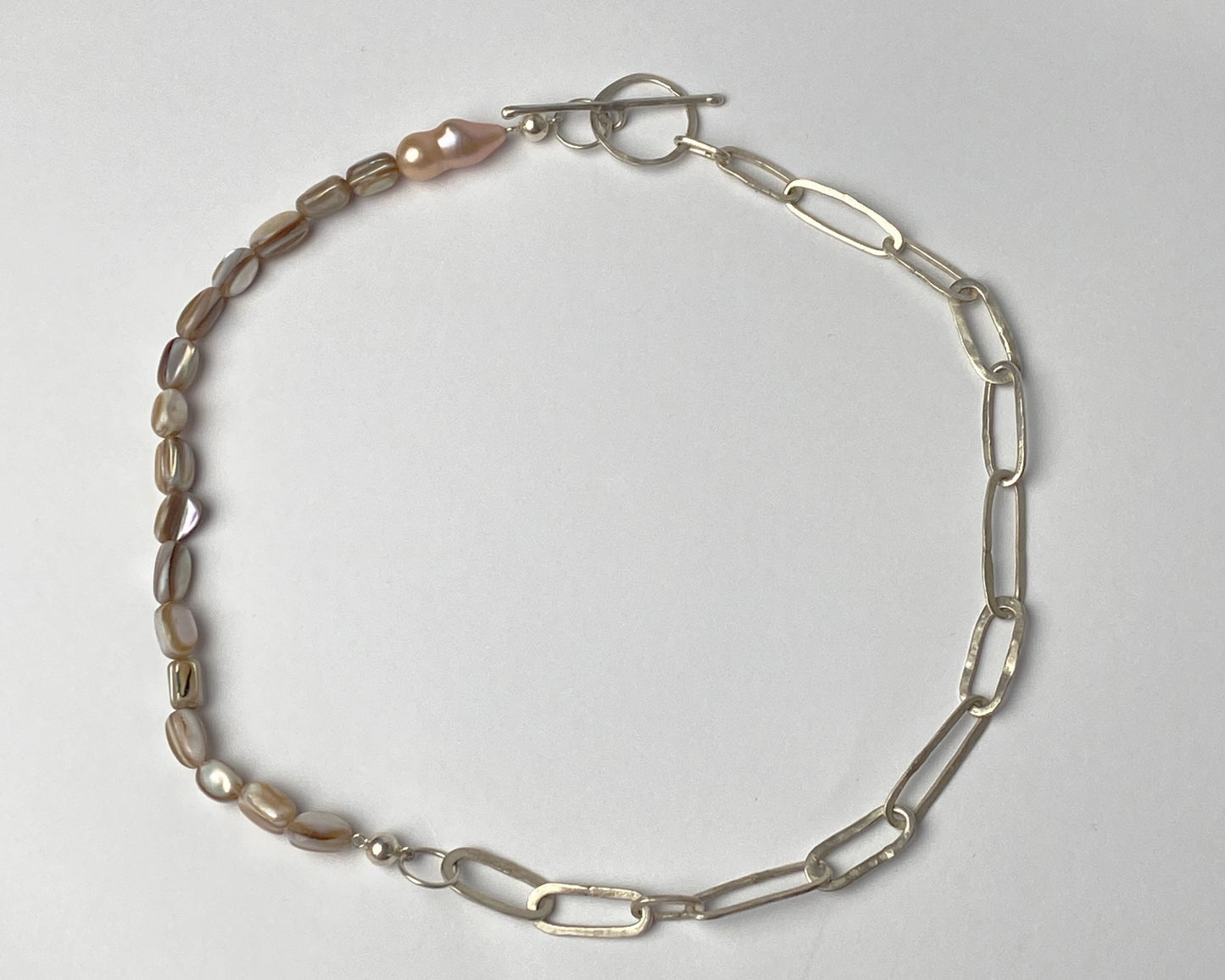 Sterling Silver Chain and Mother-of-Pearl Choker with Baroque Pearl Accent