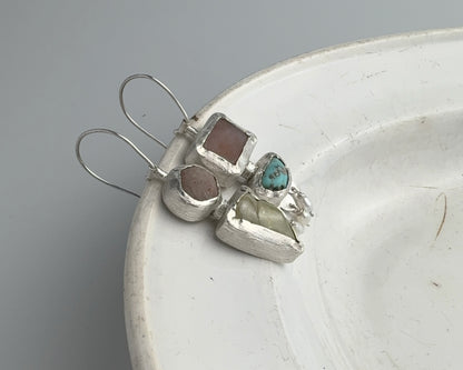 Handcrafted Sterling Silver Mismatched Earrings with Turquoise, Beta Quartz, Garnet, Chalcedony & Pearls