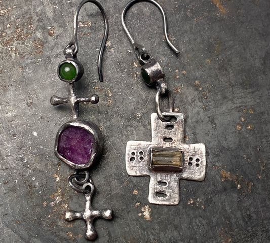 Eclectic Charm Silver Earrings with Jade, Ruby, and Scapolite