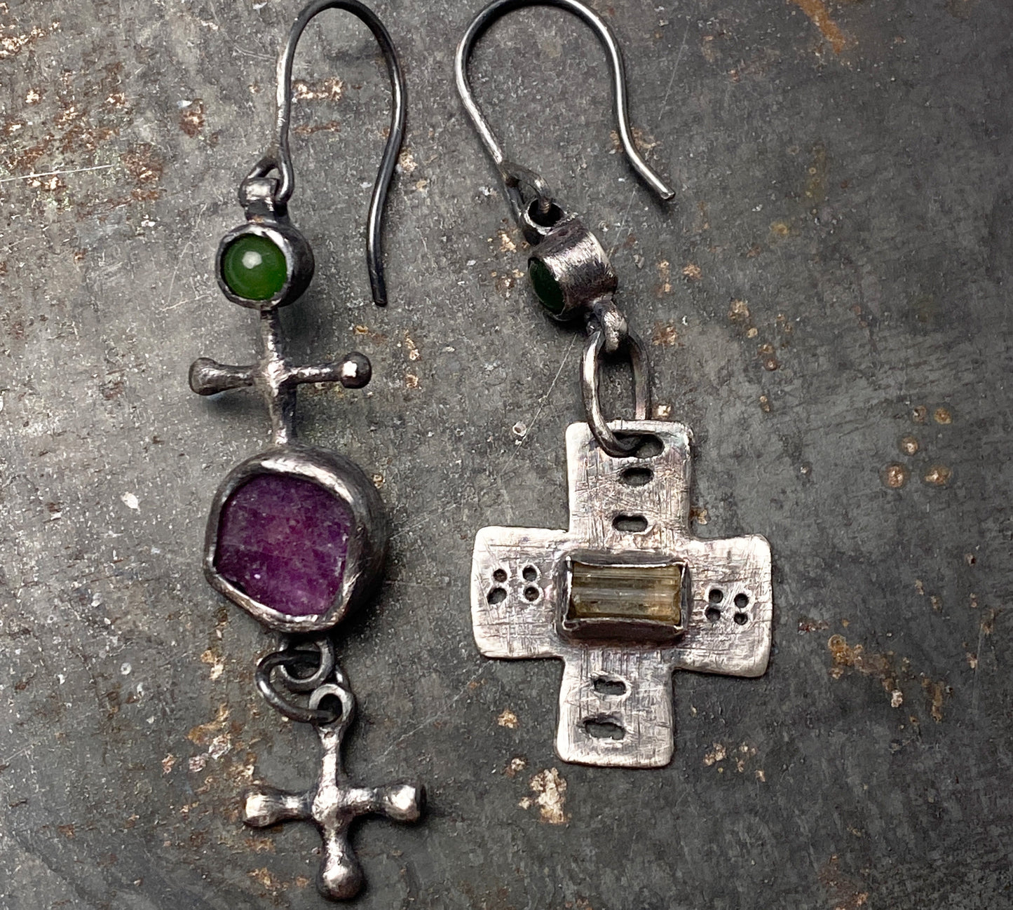 Eclectic Charm Silver Earrings with Jade, Ruby, and Scapolite