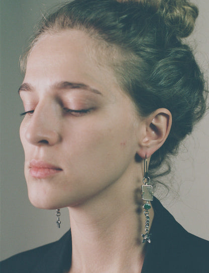 Long earrings with emeralds and Icelandic spar