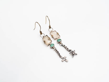 Long earrings with emeralds and Icelandic spar